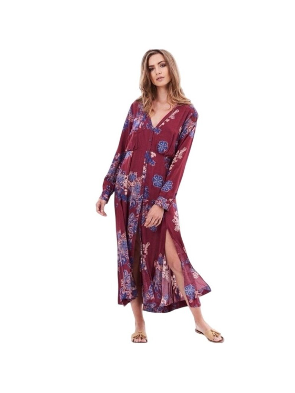 Free People Miranda Printed Midi Dress Sz 0 Burgundy Boho Embroidered High Slits